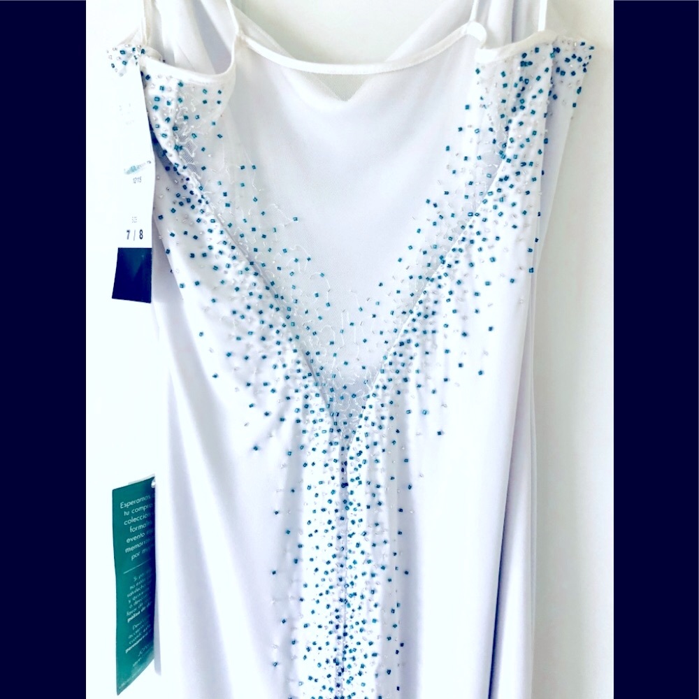 White sheer back sheath long gown net inserts blue white crystal beading jr. 7